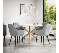 (Grey) Malvern Round Marble Effect Dining Table Set w Oak Legs w 4 Anika Velvet Chairs
