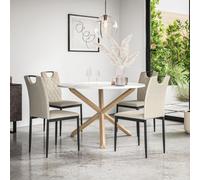 More4Homes Malvern Round Dining Table And Chairs - Marble Table Top W Solid Oak Legs + Monza Fabric Dining Chair Set Of 4 (Beige)