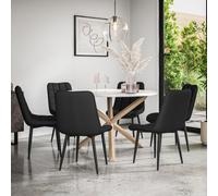 More4Homes Malvern Round Dining Table And Chairs - Marble Table Top W Solid Oak Legs + Nova Faux Leather Dining Chair Set Of 6 (Black)
