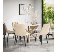 (Beige) Malvern Round Marble Effect Dining Table Set w Oak Legs w 4-6 Nova Velvet Chair
