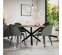 More4Homes Malvern Round Dining Table And Chairs - Oak Effect Table Top W Solid Black Oak Legs + Raye Velvet Dining Chair Green Set Of 6