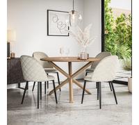 More4Homes Malvern Round Dining Table And Chairs - Oak Effect Table Top W Solid Oak Legs + Raye Velvet Dining Chair Beige Set Of 6