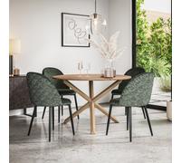 More4Homes Malvern Round Dining Table And Chairs - Oak Effect Table Top W Solid Oak Legs + Raye Velvet Dining Chair Green Set Of 4