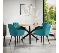More4Homes Malvern Round Dining Table And Chairs - Oak Table Top W Solid Black Oak Legs + Anika Velvet Dining Chair Set Of 4 (Blue)