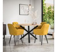 More4Homes Malvern Round Dining Table And Chairs - Oak Table Top W Solid Black Oak Legs + Anika Velvet Dining Chair Set Of 4 (Mustard)