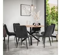More4Homes Malvern Round Dining Table And Chairs - Oak Table Top W Solid Black Oak Legs + Nova Velvet Dining Chair Set Of 6 (Black)