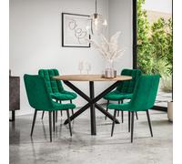 More4Homes Malvern Round Dining Table And Chairs - Oak Table Top W Solid Black Oak Legs + Nova Velvet Dining Chair Set Of 4 (Green)