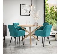 More4Homes Malvern Round Dining Table And Chairs - Oak Table Top W Solid Oak Legs + Anika Velvet Dining Chair Set Of 4 (Blue)