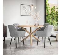 More4Homes Malvern Round Dining Table And Chairs - Oak Table Top W Solid Oak Legs + Anika Velvet Dining Chair Set Of 4 (Grey)