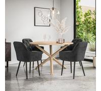 More4Homes Malvern Round Dining Table And Chairs - Oak Table Top W Solid Oak Legs + Anika Velvet Dining Chair Set Of 4 (Black)