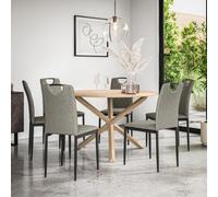 More4Homes Malvern Round Dining Table And Chairs - Oak Table Top W Solid Oak Legs + Monza Fabric Dining Chair Set Of 6 (Grey)