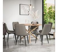 More4Homes Malvern Round Dining Table And Chairs - Oak Table Top W Solid Oak Legs + Nova Faux Leather Dining Chair Set Of 6 (Grey)