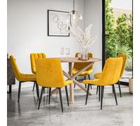 More4Homes Malvern Round Dining Table And Chairs - Oak Table Top W Solid Oak Legs + Nova Velvet Dining Chair Set Of 6 (Mustard)