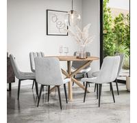 More4Homes Malvern Round Dining Table And Chairs - Oak Table Top W Solid Oak Legs + Nova Velvet Dining Chair Set Of 6 (Grey)