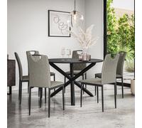 Malvern Round Dining Table And Chairs - Black Table Top w Solid Oak Black Legs + Monza Fabric Dining Chair Set Of 6 More4Homes Grey One Size