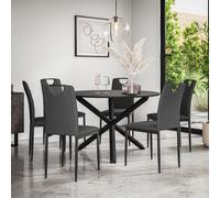 More4Homes Malvern Round Dining Table & Chairs - Black Table Top w Solid Oak Black Legs + Monza Fabric Dining Chair Set Of 6 in Charcoal More4Homes Charcoal