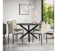 Malvern Round Dining Table And Chairs - Black Table Top w Solid Oak Black Legs + Monza Fabric Dining Chair Set Of 4 More4Homes Beige One Size