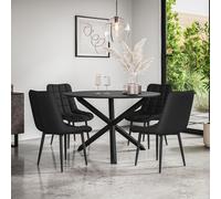 More4Homes Malvern Round Dining Table & Chairs - Black Table Top w Solid Oak Black Legs + Nova Faux Leather Dining Chair Set Of 4 More4Homes Black