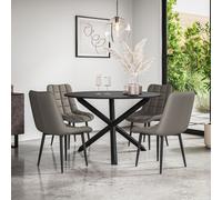 More4Homes Malvern Round Dining Table & Chairs - Black Table Top w Solid Oak Black Legs + Nova Faux Leather Dining Chair Set Of 4 in Grey More4Homes Grey
