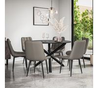 More4Homes Malvern Round Dining Table & Chairs - Black Table Top w Solid Oak Black Legs + Nova Faux Leather Dining Chair Set Of 6 in Grey More4Homes Grey
