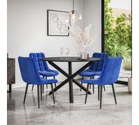 More4Homes Malvern Round Dining Table & Chairs - Black Table Top w Solid Oak Black Legs + Nova Velvet Dining Chair Set Of 4 in Blue More4Homes Blue