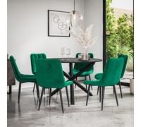 More4Homes Malvern Round Dining Table & Chairs - Black Table Top w Solid Oak Black Legs + Nova Velvet Dining Chair Set Of 6 in Green More4Homes Green