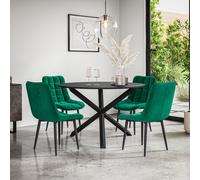 More4Homes Malvern Round Dining Table & Chairs - Black Table Top w Solid Oak Black Legs + Nova Velvet Dining Chair Set Of 4 in Green More4Homes Green