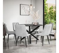 More4Homes Malvern Round Dining Table & Chairs - Black Table Top w Solid Oak Black Legs + Nova Velvet Dining Chair Set Of 6 in Grey More4Homes Grey