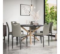 Malvern Round Dining Table And Chairs - Black Table Top w Solid Oak Legs + Monza Fabric Dining Chair Set Of 6 More4Homes Grey One Size