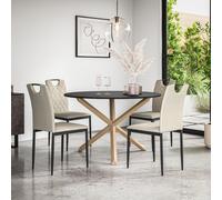 Malvern Round Dining Table And Chairs - Black Table Top w Solid Oak Legs + Monza Fabric Dining Chair Set Of 4 More4Homes Beige One Size