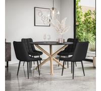 Malvern Round Dining Table And Chairs - Black Table Top w Solid Oak Legs + Nova Faux Leather Dining Chair Set Of 4 More4Homes Black One Size