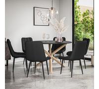 More4Homes Malvern Round Dining Table & Chairs - Black Table Top w Solid Oak Legs + Nova Faux Leather Dining Chair Set Of 6 More4Homes Black