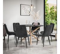 More4Homes Malvern Round Dining Table And Chairs - Black Table Top W Solid Oak Legs + Nova Velvet Dining Chair Set Of 6 (Black)