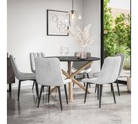 More4Homes Malvern Round Dining Table & Chairs - Black Table Top w Solid Oak Legs + Nova Velvet Dining Chair Set Of 6 in Grey More4Homes Grey