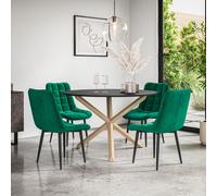 More4Homes Malvern Round Dining Table & Chairs - Black Table Top w Solid Oak Legs + Nova Velvet Dining Chair Set Of 4 in Green More4Homes Green