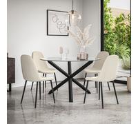 More4Homes Malvern Round Dining Table & Chairs - Clear Glass Table Top w Solid Oak Black Legs + Maya Boucle Dining Chair Set Of 4 in Ivory More4Homes Ivory