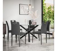 More4Homes Malvern Round Dining Table & Chairs - Clear Glass Table Top w Solid Oak Black Legs + Monza Fabric Dining Chair Set Of 6 in Charcoal More4Homes Charcoal