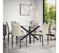 (Beige) Malvern Round Glass Dining Table Set w Black Oak Legs w 4-6 Monza Linen Chair
