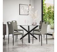 More4Homes Malvern Round Dining Table & Chairs - Clear Glass Table Top w Solid Oak Black Legs + Monza Fabric Dining Chair Set Of 4 in Grey More4Homes Grey