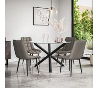 (Grey) Malvern Round Glass Dining Table Set w Black Oak Legs w 4-6 Nova Dining Chairs