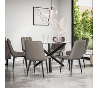 (Grey) Malvern Round Glass Dining Table Set w Black Oak Legs w 4-6 Nova Dining Chairs