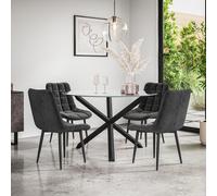 More4Homes Malvern Round Dining Table & Chairs - Clear Glass Table Top w Solid Oak Black Legs + Nova Velvet Dining Chair Set Of 4 More4Homes Black
