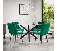 More4Homes Malvern Round Dining Table & Chairs - Clear Glass Table Top w Solid Oak Black Legs + Nova Velvet Dining Chair Set Of 4 in Green More4Homes Green