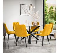 Malvern Round Dining Table And Chairs - Clear Glass Table Top w Solid Oak Black Legs + Nova Velvet Dining Chair Set Of 6 More4Homes Mustard One Size
