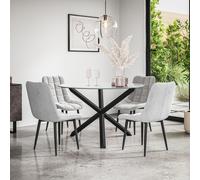 More4Homes Malvern Round Dining Table & Chairs - Clear Glass Table Top w Solid Oak Black Legs + Nova Velvet Dining Chair Set Of 4 in Grey More4Homes Grey