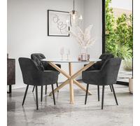 More4Homes Malvern Round Dining Table & Chairs - Clear Glass Table Top w Solid Oak Legs + Anika Velvet Dining Chair Set Of 4 in Black More4Homes Black