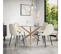 More4Homes Malvern Round Dining Table & Chairs - Clear Glass Table Top w Solid Oak Legs + Maya Boucle Dining Chair Set Of 4 in Ivory More4Homes Ivory