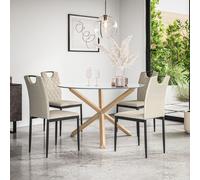 More4Homes Malvern Round Dining Table & Chairs - Clear Glass Table Top w Solid Oak Legs + Monza Fabric Dining Chair Set Of 4 in Beige More4Homes Beige
