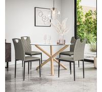 More4Homes Malvern Round Dining Table & Chairs - Clear Glass Table Top w Solid Oak Legs + Monza Fabric Dining Chair Set Of 4 in Grey More4Homes Grey