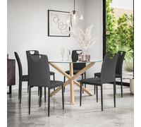 More4Homes Malvern Round Dining Table & Chairs - Clear Glass Table Top w Solid Oak Legs + Monza Fabric Dining Chair Set Of 6 in Charcoal More4Homes Charcoal